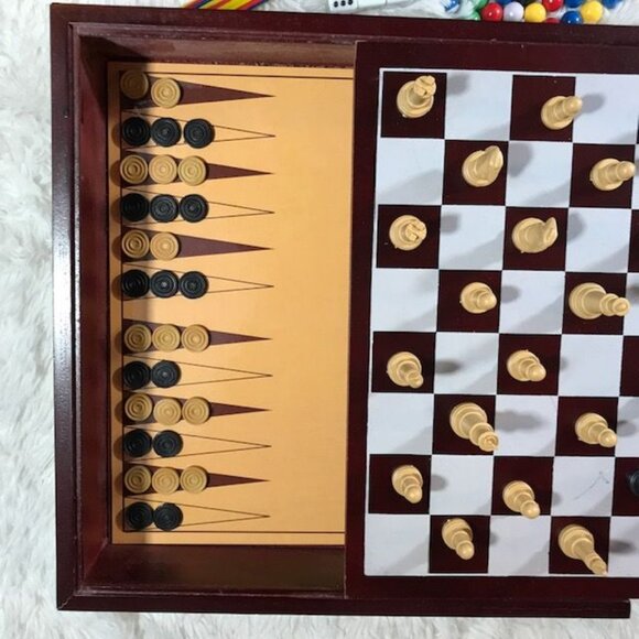 Wood Multi Game Box - Chess Checkers Backgammon Tic Tac Toe Mind Mancala & More - Picture 5 of 16